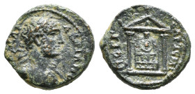 PAMPHYLIA. Perge. Hadrian (117-138). Ae.
Obv: ΑΔΡΙΑΝΟС ΚΑΙСΑΡ.
Laureate bust right, with slight drapery.
Rev: ΑΡΤΕΜΙ ΠΕΡΓ.
Distyle temple enclosin...