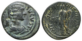 PISIDIA. Antioch. Julia Domna (Augusta, 193-217). Ae.
Obv: IVLIA AVGVSTA.
Draped bust right.
Rev: ANTIOCH GENI COL CAES.
Tyche standing left, hold...