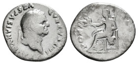 VESPASIAN (69-79). Denarius. Rome.
Obv: IMP CAESAR VESPASIANVS AVG.
Laureate head right.
Rev: PON MAX TR P COS VI.
Pax seated left on throne, hold...