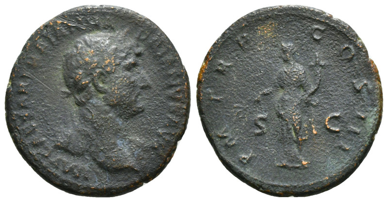 HADRIAN (117-138). As. Rome.
Obv: IMP CAESAR TRAIAN HADRIANVS AVG.
Laureate an...