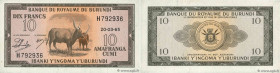 Country : BURUNDI 
Face Value : 10 Francs 
Date : 20 mars 1965 
Period/Province/Bank : Banque du Royaume du Burundi 
Catalogue reference : P.9a 
Alpha...