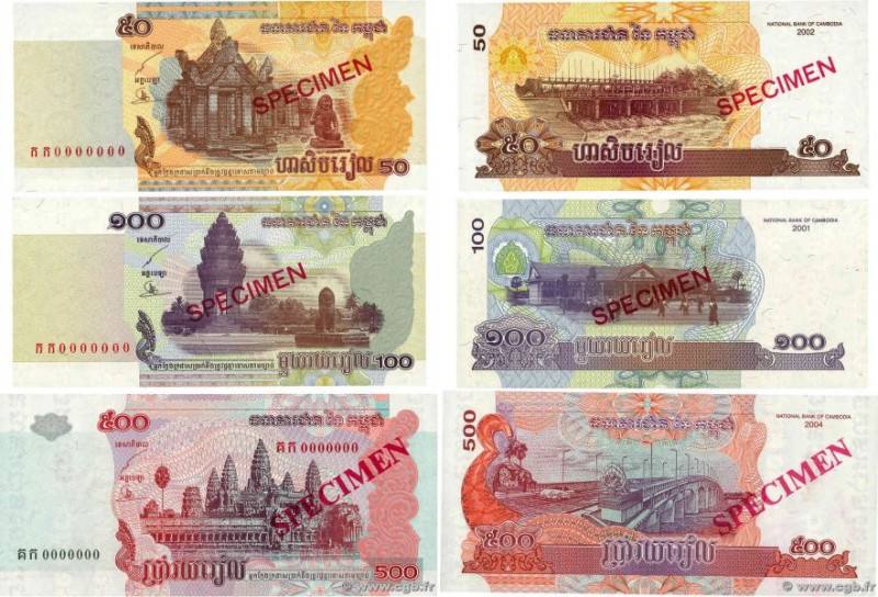 Country : CAMBODIA 
Face Value : 50, 100 et 500 Riels Spécimen 
Date : 2001-2004...