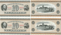 Country : DENMARK 
Face Value : 10 Kroner Consécutifs 
Date : 1974 
Period/Province/Bank : Danmarks Nationalbank 
Catalogue reference : P.44ai 
Alphab...