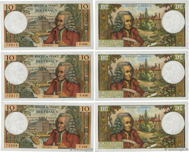 Country : FRANCE 
Face Value : 10 Francs VOLTAIRE Lot 
Date : 08 janvier 1971 
P...