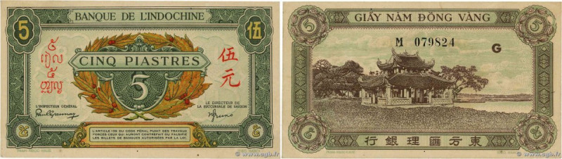 Country : FRENCH INDOCHINA 
Face Value : 5 Piastres vert / marron 
Date : (1942-...