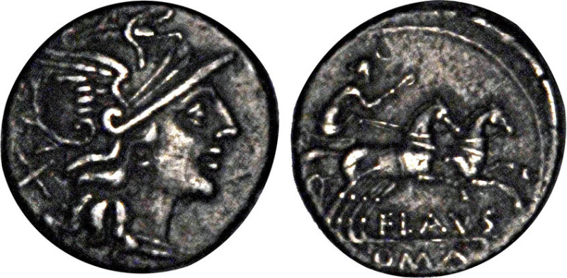 RÉPUBLIQUE (-280/-41)
Decimius Flavus (-150) : Denier à la tête casquée de Rome...