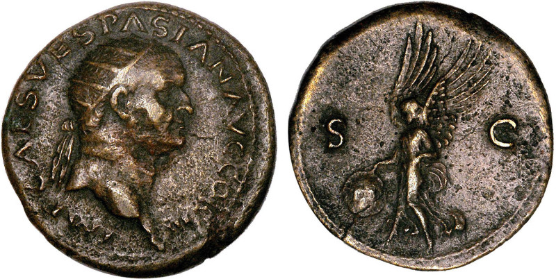 VESPASIEN (69-79)
Dupondius : Victoire debout à gauche & tenant un bouclier sur...