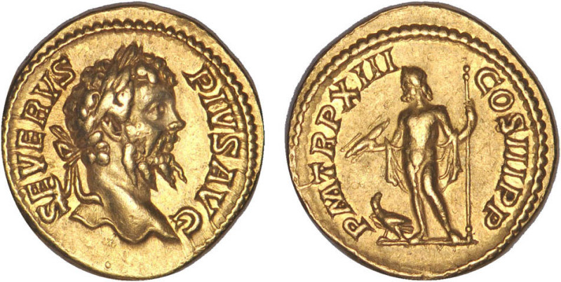 SEPTIME SÉVÈRE (193-211)
Aureus : Jupiter debout à gauche, tenant un foudre & u...