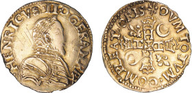 HENRI II (1547-1559)
Henri d'or, 1er type, variété cuirasse damasquinée
ND - TTB 35 (TTB)
Faux d'époque en or pâle - T. Rare


D 972a, GR1 389B,...