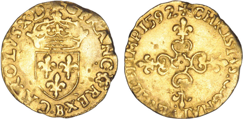 CHARLES X roi de la Ligue (1589-1590)
Demi-écu d'or au soleil, 1er type
1592 B...