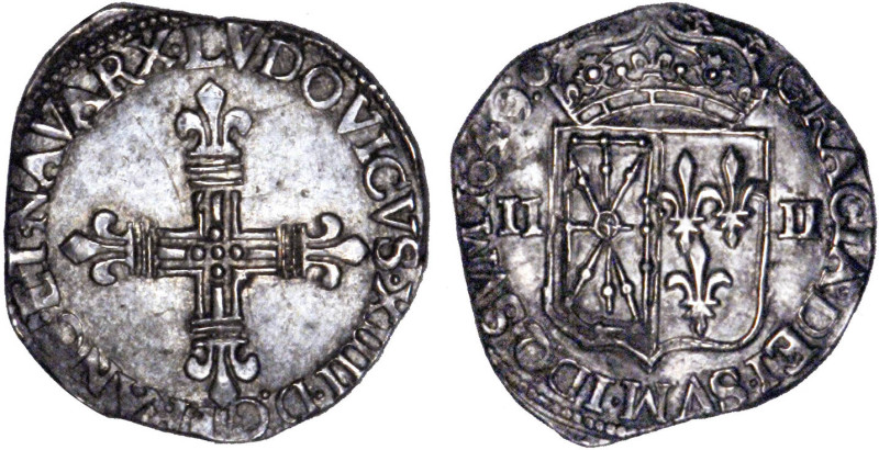 LOUIS XIV le Grand (1643-1715)
1/4 d'écu de Navarre
1649 O - SUP 50 (SUP-)
Tr...