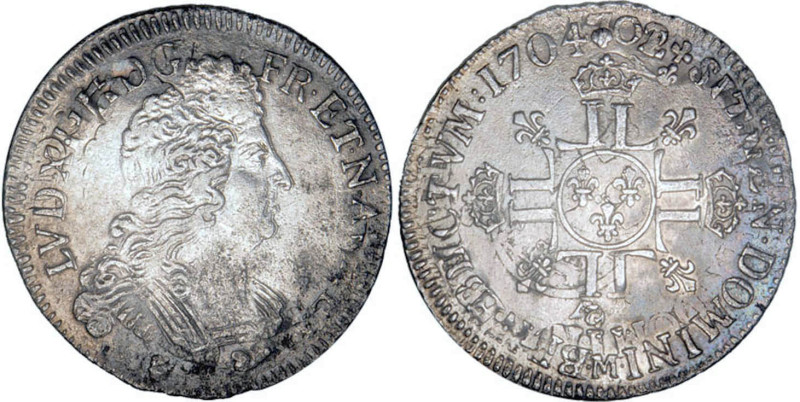 LOUIS XIV le Grand (1643-1715)
1/4 d'écu aux 8 L, 2e type
1704 M - TTB 35 (TTB...