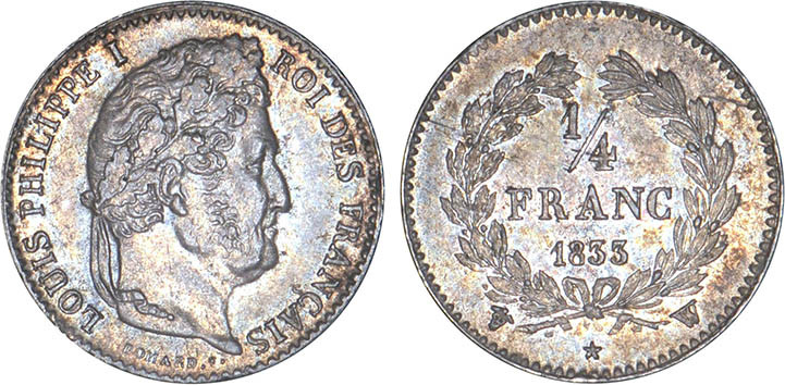 1/4 FRANC, 25 CENTIMES
1/4 FRANC Louis-Philippe I
1833 W - SPL 63 (SUP++)
Rar...