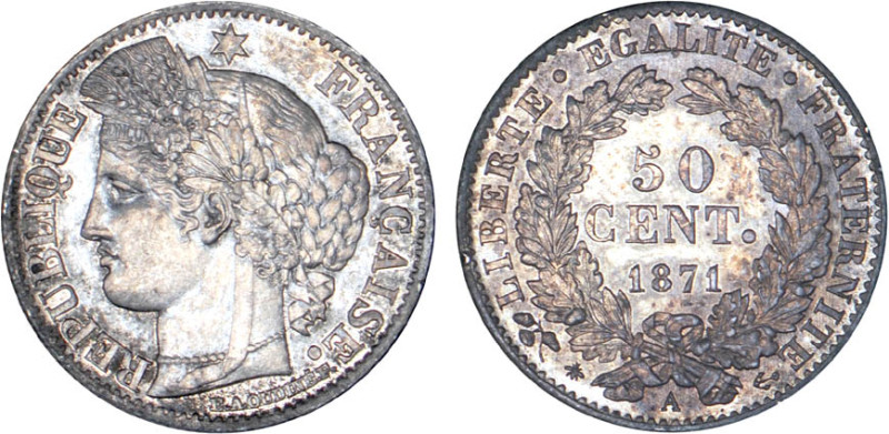 1/2 FRANC, 50 CENTIMES
50 CENT. type Cérès (défense nationale)
1871 A - SPL 62...