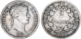 2 FRANCS
2 FRANCS au revers Empire Français
1811 L - TTB 30 (TTB-)
Rare ! - infimes oups tranche


G 501, F 255, KM# 693
BAYONNE - ARGENT - 
 ...