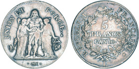 5 FRANCS
5 FRANCS type Union et Force (Consulat), variété "union" serré, grande feuille avec glands
AN10 L - TTB 30 (TTB-)
rayures


G 563a, F 2...