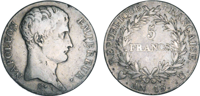 5 FRANCS
5 FRANCS Napoléon empereur (calendrier révolutionnaire)
AN13 U - TB 2...