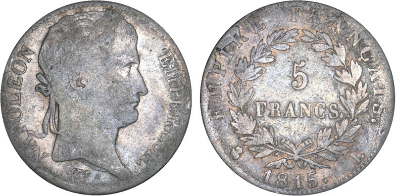 5 FRANCS
5 FRANCS au revers EMPIRE (Les cent-jours)
1815 L - B 10 (B++)
Rare ...