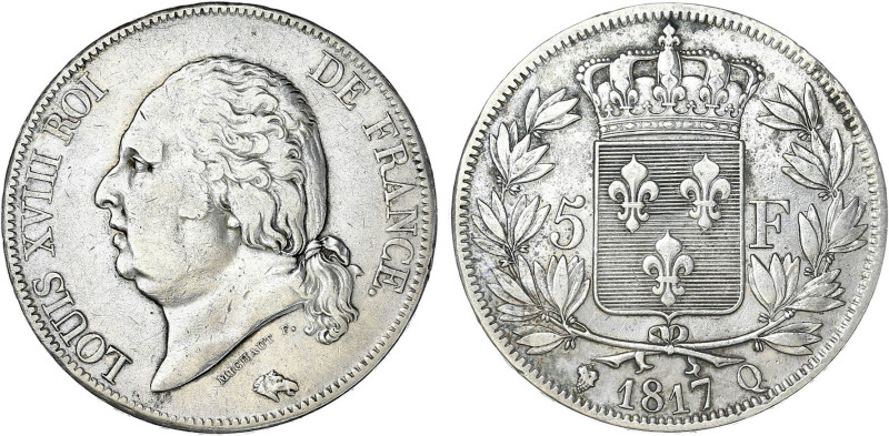 5 FRANCS
5 F, Louis XVIII type au buste nu
1817 Q - TTB 40 (TTB+)
Très Rare !...