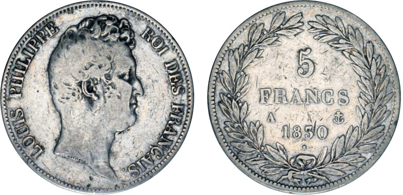 5 FRANCS
5 FRANCS Louis-Philippe, tête nue, variété sans le I, tranche en relie...