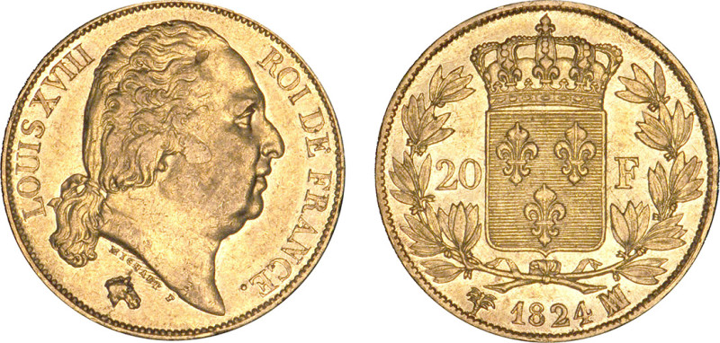 20 FRANCS OR
20 FRANCS or, Louis XVIII buste nu
1824 MA - SUP 50 (SUP-)
Raris...