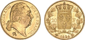 20 FRANCS OR
20 FRANCS or, Louis XVIII buste nu
1824 MA - SUP 50 (SUP-)
Rarissime !!!


G 1028, F 519, KM# 712, Fr# 538-46
MARSEILLE - OR - 
 ...