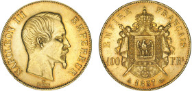 100 FRANCS OR
100 FRANCS or, Napoléon III tête nue
1857 A - TTB 45 (TTB++)
léger nettoyage


G 1135, F 550, KM# 786, Fr# 569-70
PARIS - OR - 
...