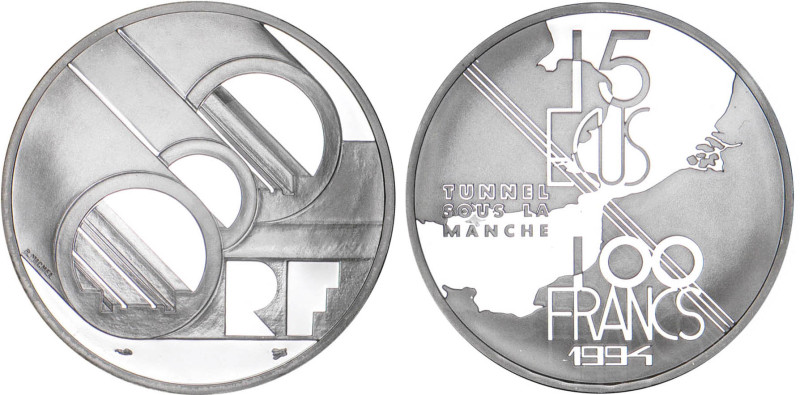 ÉCUS ET FRANCS
15 ECUS / 100 FRANCS, Inauguration de l'Eurotunnel
1994 - FDC 6...