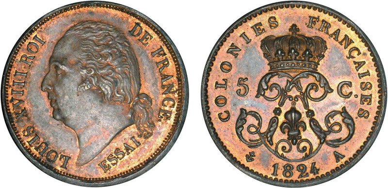 COLONIES GÉNÉRALES
5 CENTIMES des COLONIES FRANÇAISES, Louis XVIII
1824 A - SP...