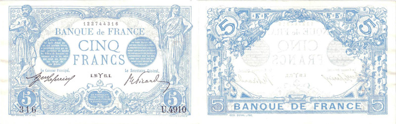 BANQUE DE FRANCE - XXe SIÈCLE
5 FRANCS (BLEU)
1915 - SUP 50 (SUP-)
45377

...