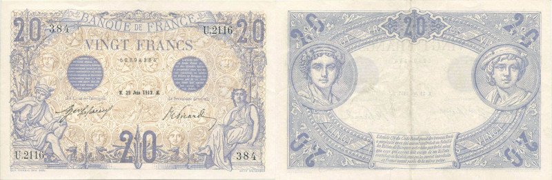 BANQUE DE FRANCE - XXe SIÈCLE
20 FRANCS (BLEU)
1912 - TTB 40 (TTB+)
29-6, Rar...