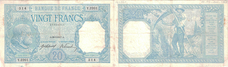 BANQUE DE FRANCE - XXe SIÈCLE
20 FRANCS (BAYARD)
1917 - TTB 35 (TTB)
26-5, pr...