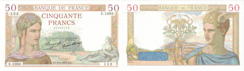 BANQUE DE FRANCE - XXe SIÈCLE
50 FRANCS (CERES)
1935 - SUP 50 (SUP-)
4-4, Ass...