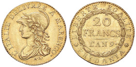 ZECCHE ITALIANE - TORINO - Repubblica Subalpina (1800-1802) - 20 Franchi A. 9 Pag. 3a; Mont. 6 R (AU g. 6,44)A' MARENCO
qSPL