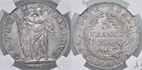 ZECCHE ITALIANE - TORINO - Repubblica Subalpina (1800-1802) - 5 Franchi AN 10 Pag. 6; Mont. 10 R AG Sigillata NGC MS62 - Ottimo esemplare, con delicat...