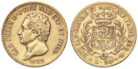 SAVOIA - Carlo Felice (1821-1831) - 20 Lire 1822 T Pag. 46; Mont. 31 RR (AU g. 6,42)
qBB