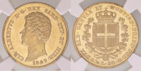 SAVOIA - Carlo Alberto (1831-1849) - 20 Lire 1849 G Pag. 208; Mont. 81 AU Sigillata NGC MS62
qFDC/FDC