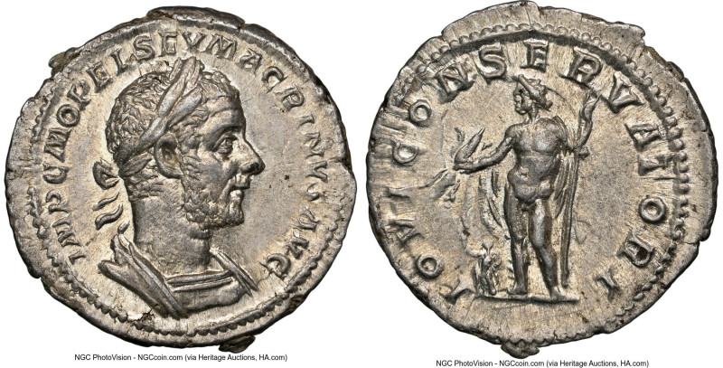 Macrinus (AD 217-218). AR denarius (19mm, 3.63 gm, 1h). NGC Choice AU 5/5 - 4/5 ...