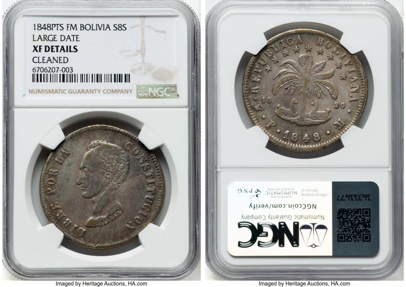 Republic "Large Date" 8 Soles 1848 PTS-FM XF Details (Cleaned) NGC, Potosi mint,...