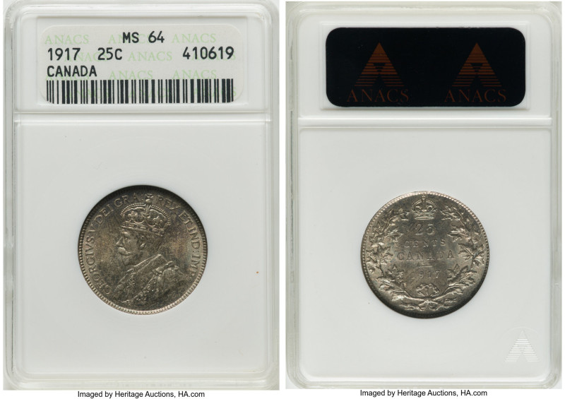 George V 25 Cents 1917 MS64 ANACS, Ottawa mint, KM24. Pastel toning in hues of s...