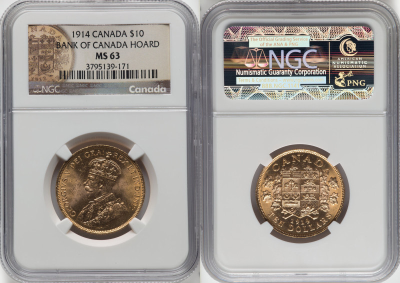 George V gold 10 Dollars 1914 MS63 NGC, Ottawa mint, KM27, Fr-3. Bank of Canada ...