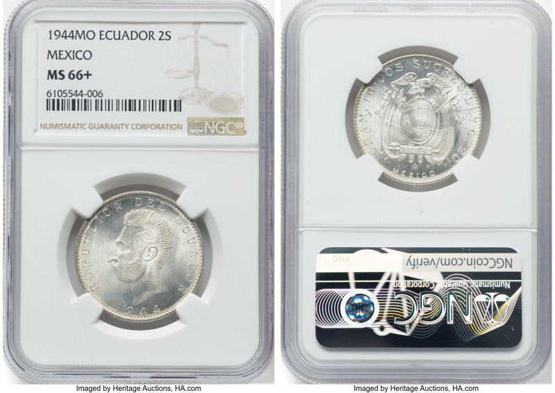 Republic 2 Sucres 1944-Mo MS66+ NGC, Mexico City mint, KM80. Frosted surfaces wi...