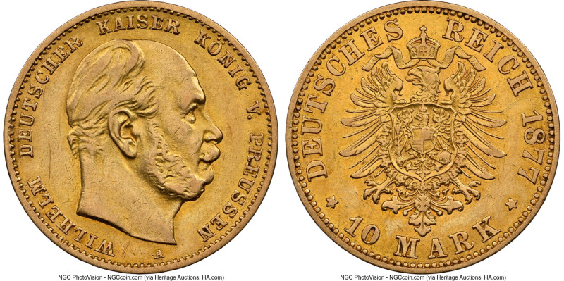 Prussia. Wilhelm I gold 10 Mark 1877-A AU53 NGC, Berlin mint, KM504, J-245. HID0...