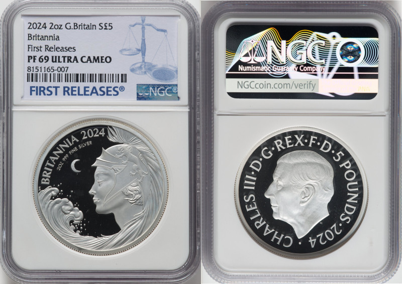 Charles III silver Proof "Britannia" 5 Pounds (2 oz) 2024 PR69 Ultra Cameo NGC, ...