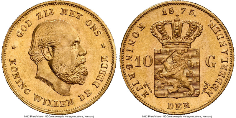 Willem III gold 10 Gulden 1875 MS66+ NGC, Utrecht mint, KM105, Fr-342. Glitterin...