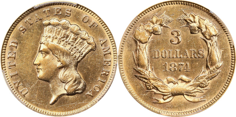 1874 Three-Dollar Gold Piece. Unc Details--Altered Surfaces (PCGS).
PCGS# 7998....