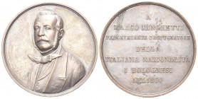 BOLOGNA. Marco Minghetti (politico), 1818-1886. Medaglia 1860. Æ, gr. 24,55 mm. Dr. Busto, di scorcio, verso s., con giacca, camicia e papillon. Rv. A...
