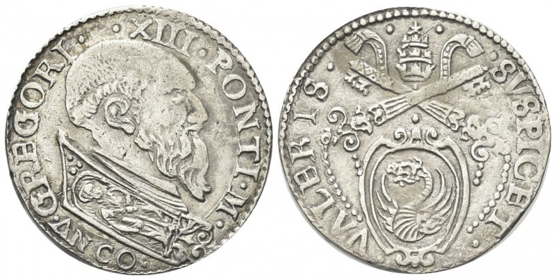 ancona. Gregorio XIII (Ugo Boncompagni), 1572-1585. Testone. Ag, gr. 9,46. Dr. G...