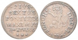 BOLOGNA. Pio VI (Giannangelo Braschi), 1775-1799. Quattrino 1796. Æ, gr. 2,23. Dr. PIVS / SEXTVS / PONTIFEX / MAXIMVS. Iscrizione disposta su quattro ...