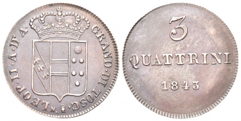 FIRENZE. Leopoldo II d'Asburgo Lorena, 1824-1859. 3 Quattrini 1843. Mi, gr. 2,10...